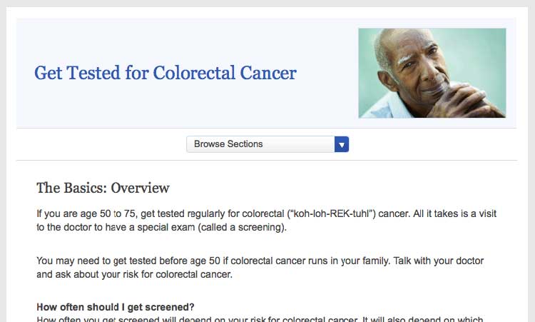 Screen shot of healthfinder.gov 'Get Tested for Colorectal Cancer' topic