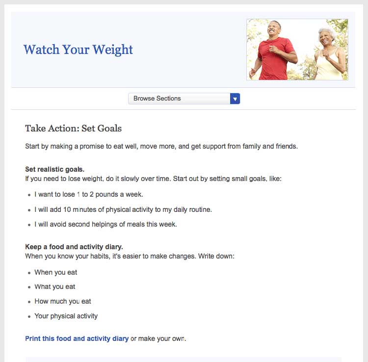 Screen shot of healthfinder.gov 'Watch Your Weight' topic