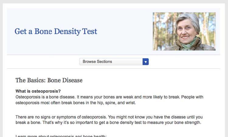 Screen shot of the healthfinder.gov 'Get a Bone Density Test' topic