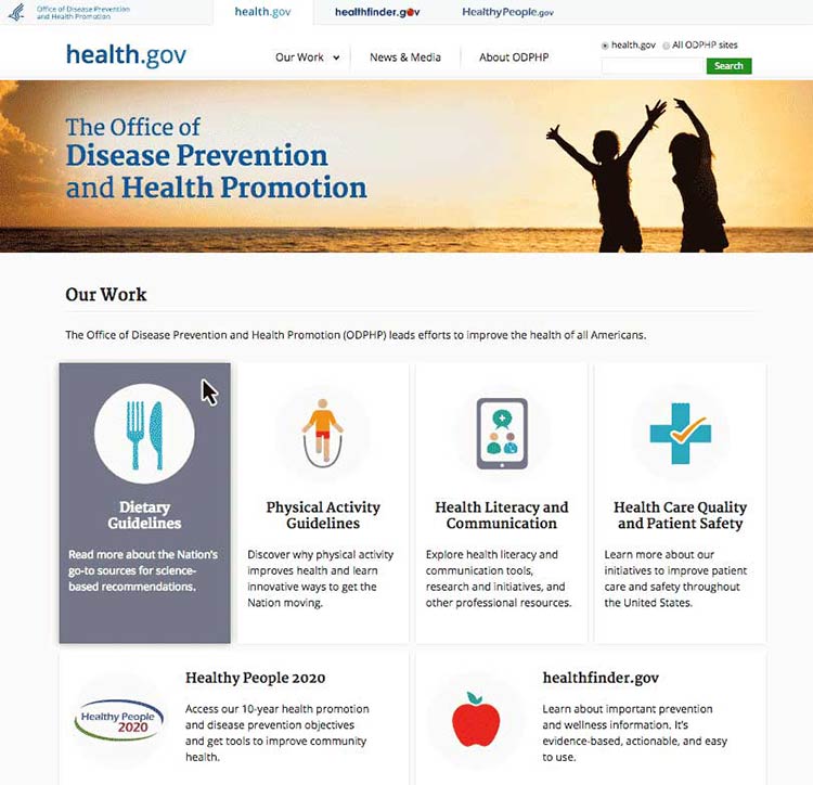 Screenshot of the health.gov homepage