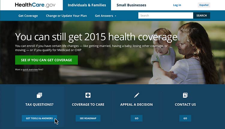 Screenshot of healthcare.gov homepage with mouse hovered over the 'Tax Questions' icon to show clickable area