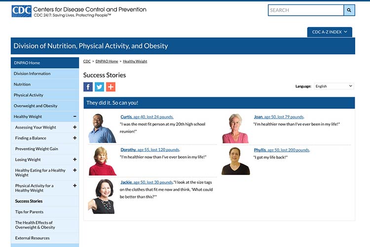 Screenshot of cdc.gov Healthy Weight Sucess Stories page