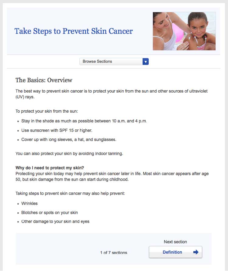 Screen shot of healthfinder.gov 'Take Steps to Prevent Skin Cancer' topic