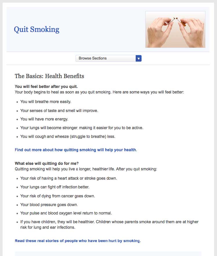 Screen shot of healthfinder.gov 'Quit Smoking' topic
