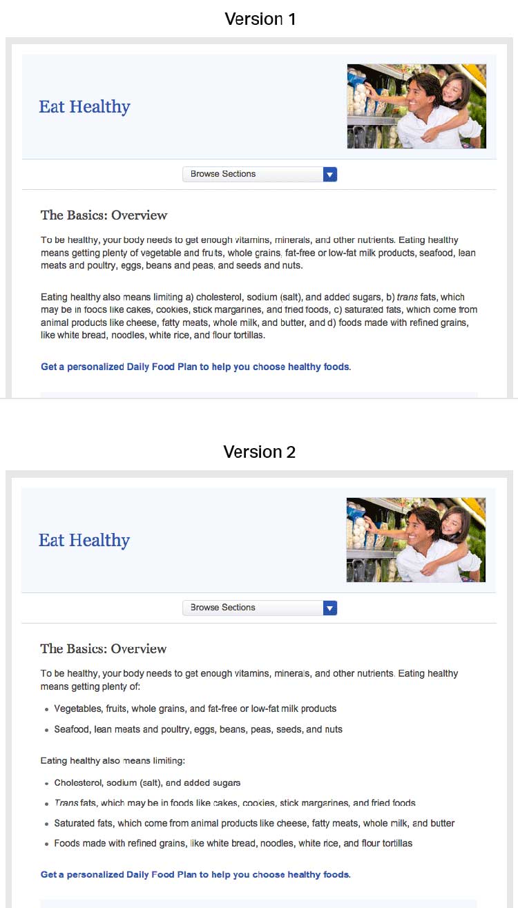 Screen shot of healthfinder.gov 'Eat Healthy' topic