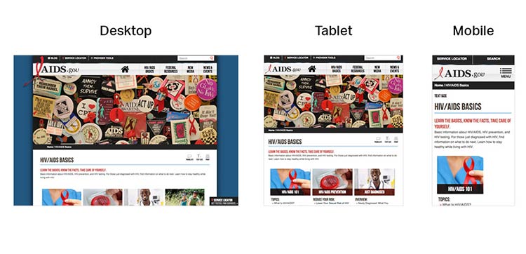 Desktop, tablet, and mobile screenshots of aids.gov responsive web design template