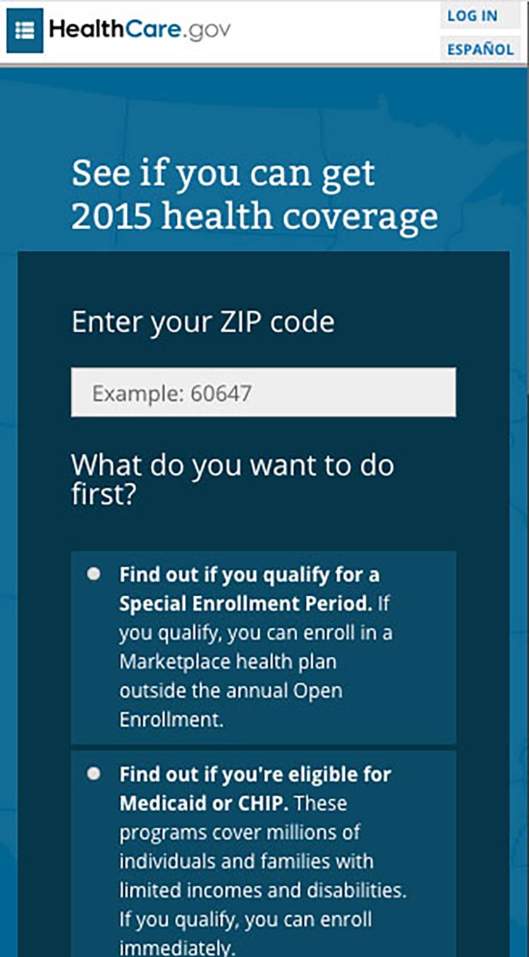 mobile version of the healthcare.gov screener