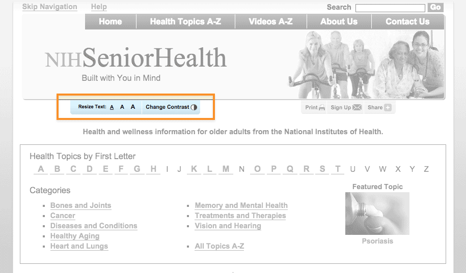 Screen shot of the NIH Senior Health homepage