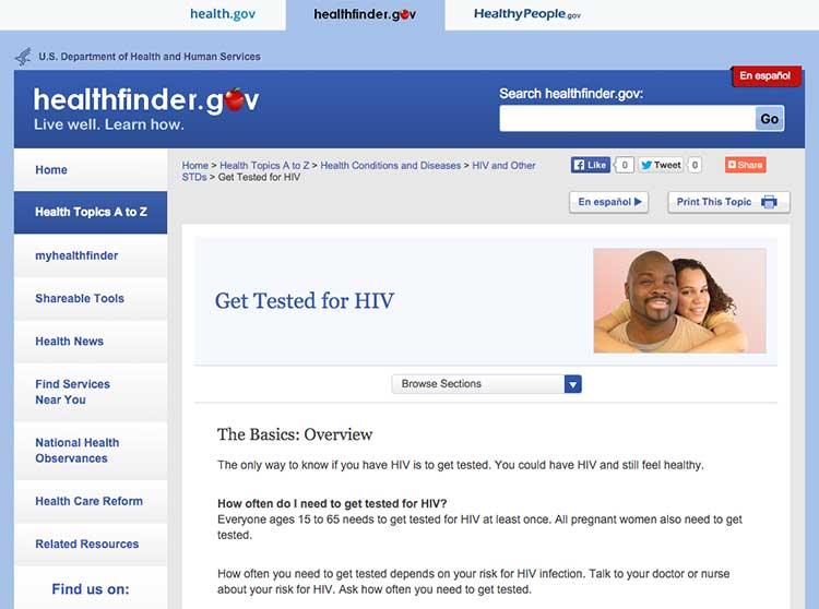 Screenshot of healthfinder.gov 'Get Tested for HIV' topic