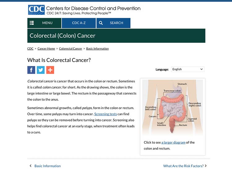 Screenshot of cdc.gov colorectal cancer topic with image of colon and rectum
