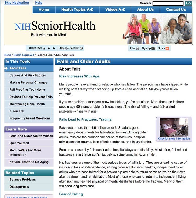 Screenshot of nihseniorhealth.gov page on falls