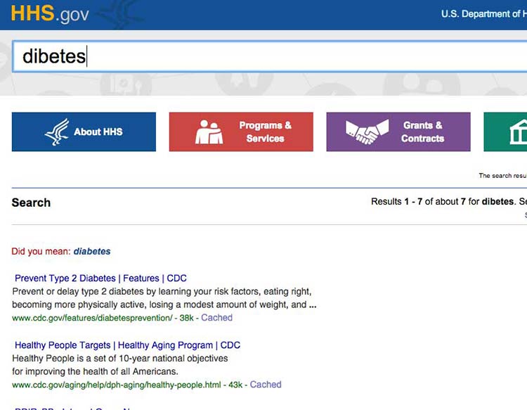 Screenshot of a misspelled seach for diabetes on HHS.gov