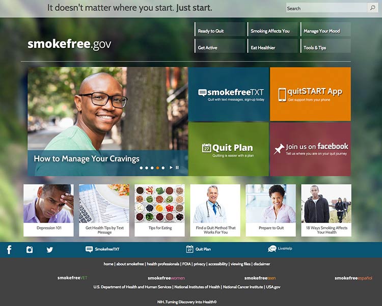 Screenshot of smokefree.gov homepage