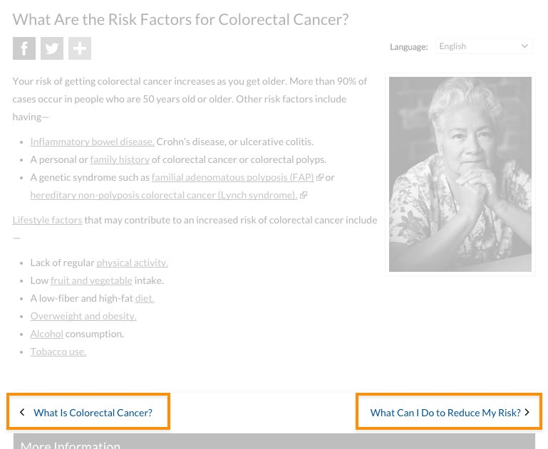Screenshot of cdc.gov next and back buttons in the Colorectal Cancer topic