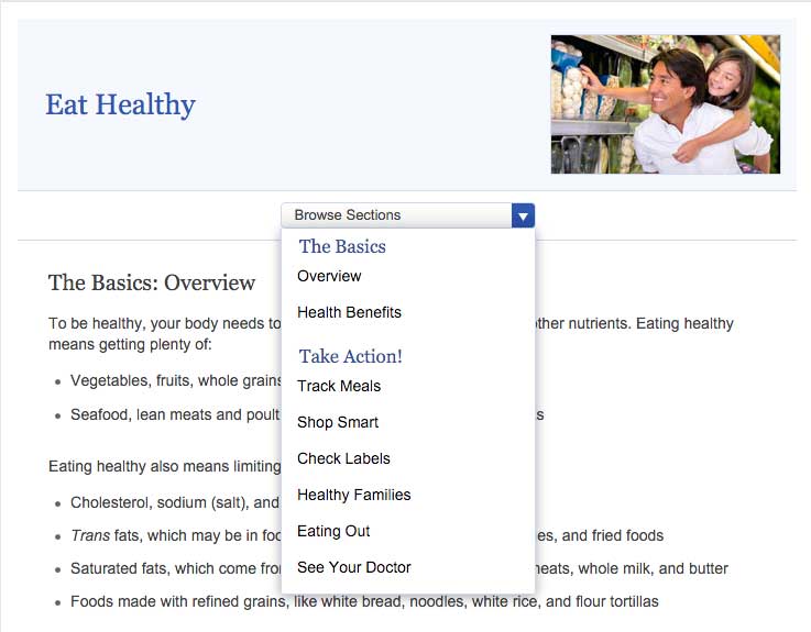 healthfinder.gov topic selection menu