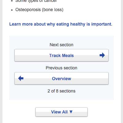 mobile version of healthfinder.gov context buttons
