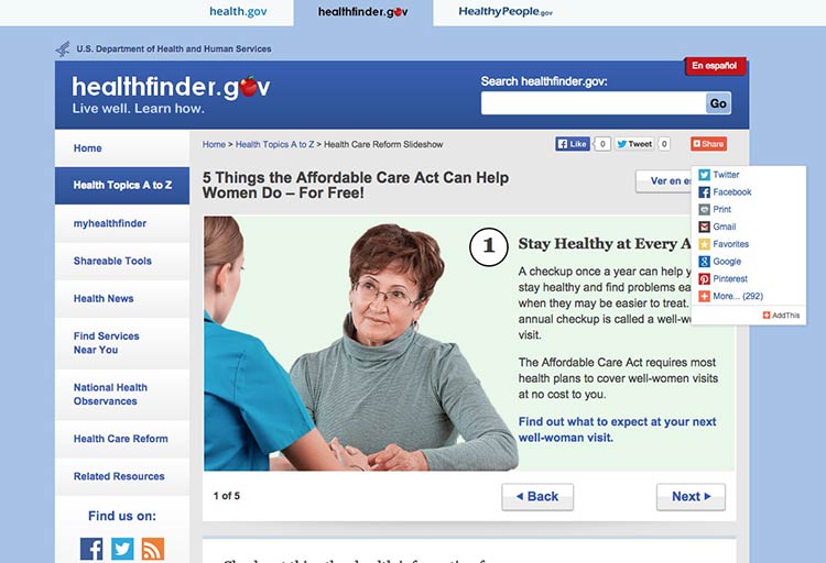 screenshot of healthfinder.gov social media sharing options