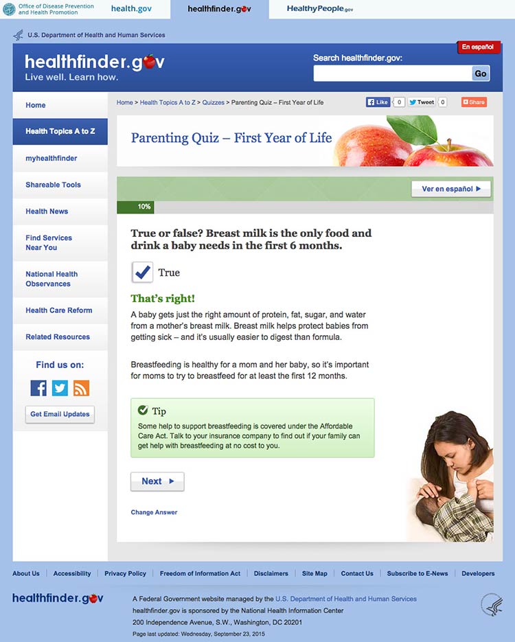 Screenshot of healthfinder.gov parenting quiz about the first year of life