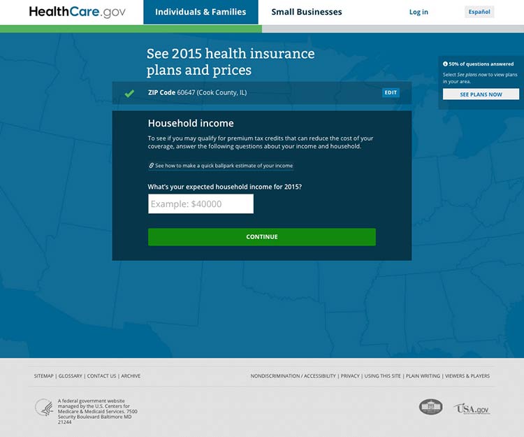 Screenshot of healthcare.gov screener form