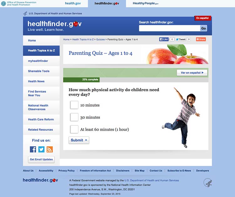 Screenshot of healthfinder.gov parenting quiz
