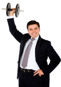 Business man holding a weight above his head
