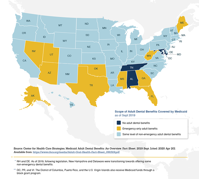 U.S. Map of Scope of Adult Dental Benefits Covered by Medicaid as of Sept. 2019