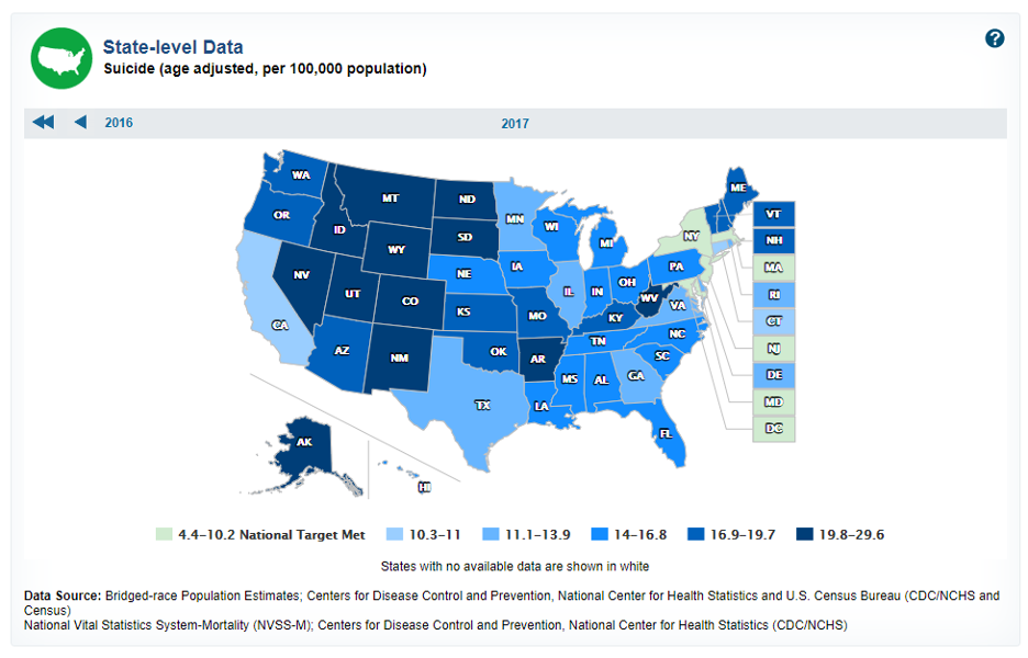 State-level Data for suicide, per 100,000 population, in 2017