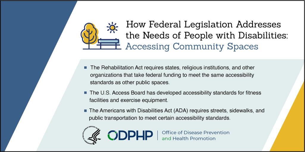 The Rehabilitation Act, the U.S. Access Board, and the Americans with Disabilities Act all work to require accessibility standards for community spaces.