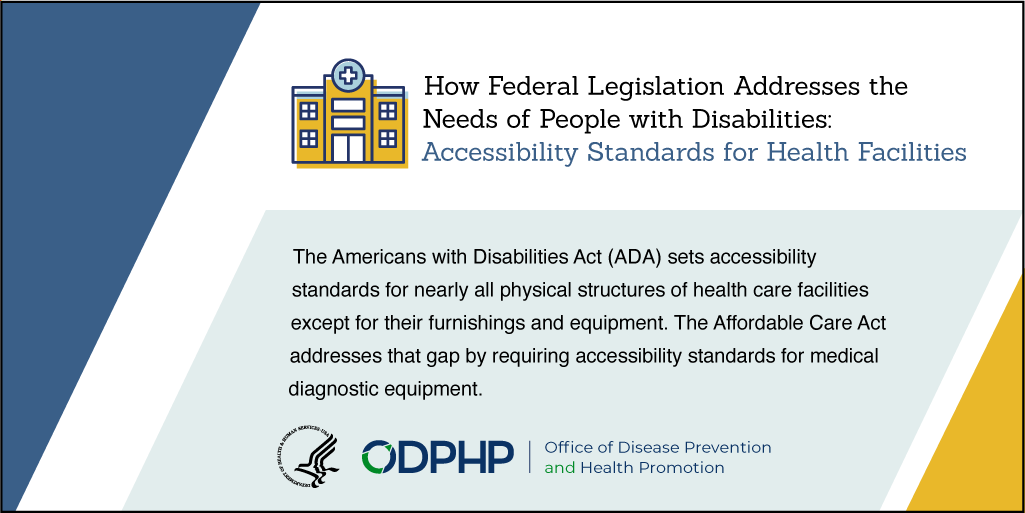 The Americans with Disabilities Act (ADA) sets accessibility standards for nearly all physical structures of health care facilities except for their furnishings or equipment. The Affordable Care Act addresses that gap by requiring accessibility standards for medical diagnostic equipment.
