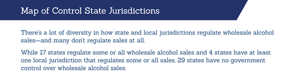 While 17 states regulate some or all wholesale alcohol sales and 4 states have at least one local jurisdiction that regulates some or all sales, 29 states have no government control over wholesale alcohol sales.