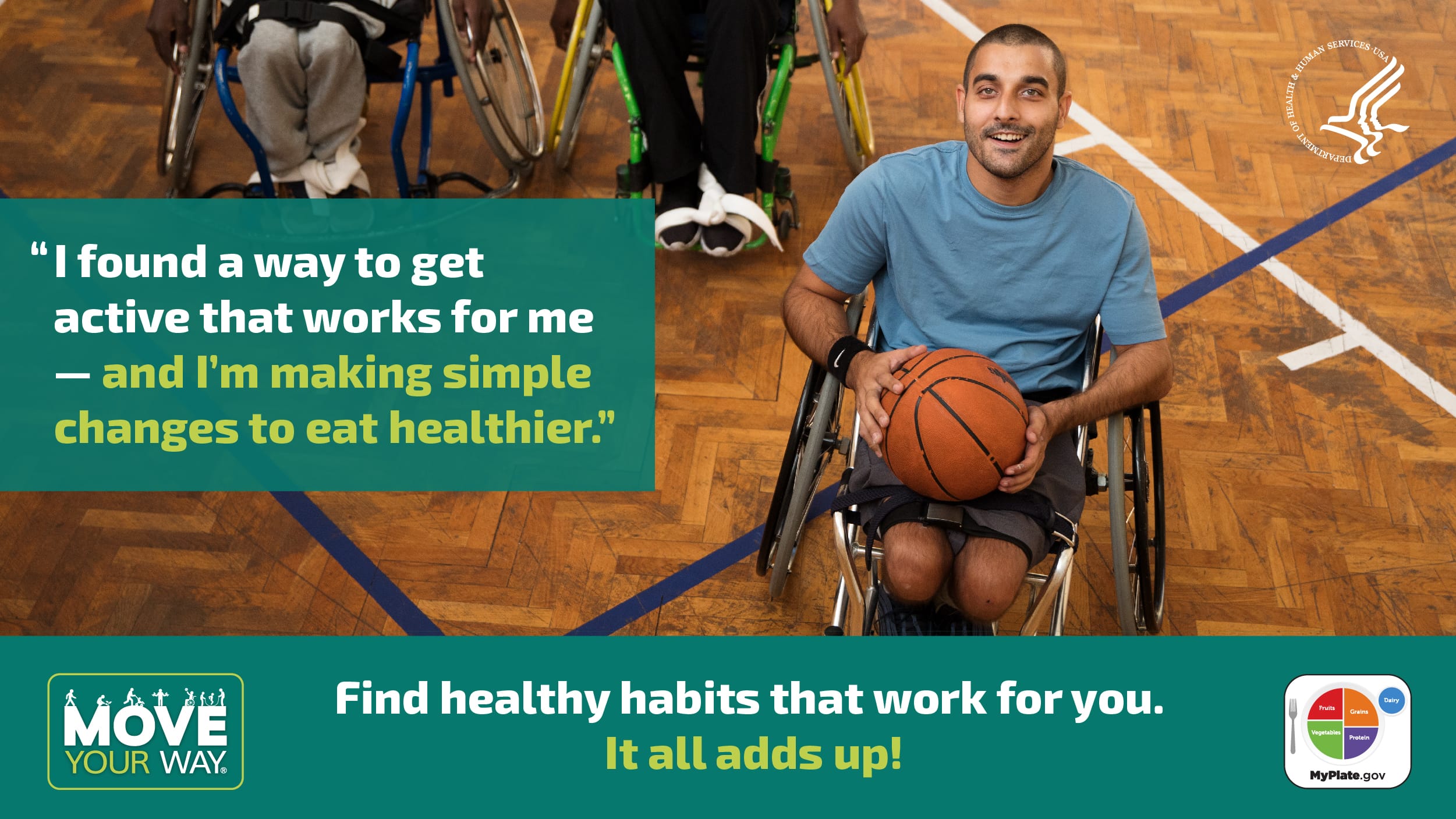 A man playing basketball in a wheelchair next to a quote: "I found a way to get active that works for me - and I'm making simple changes to eat healthier"