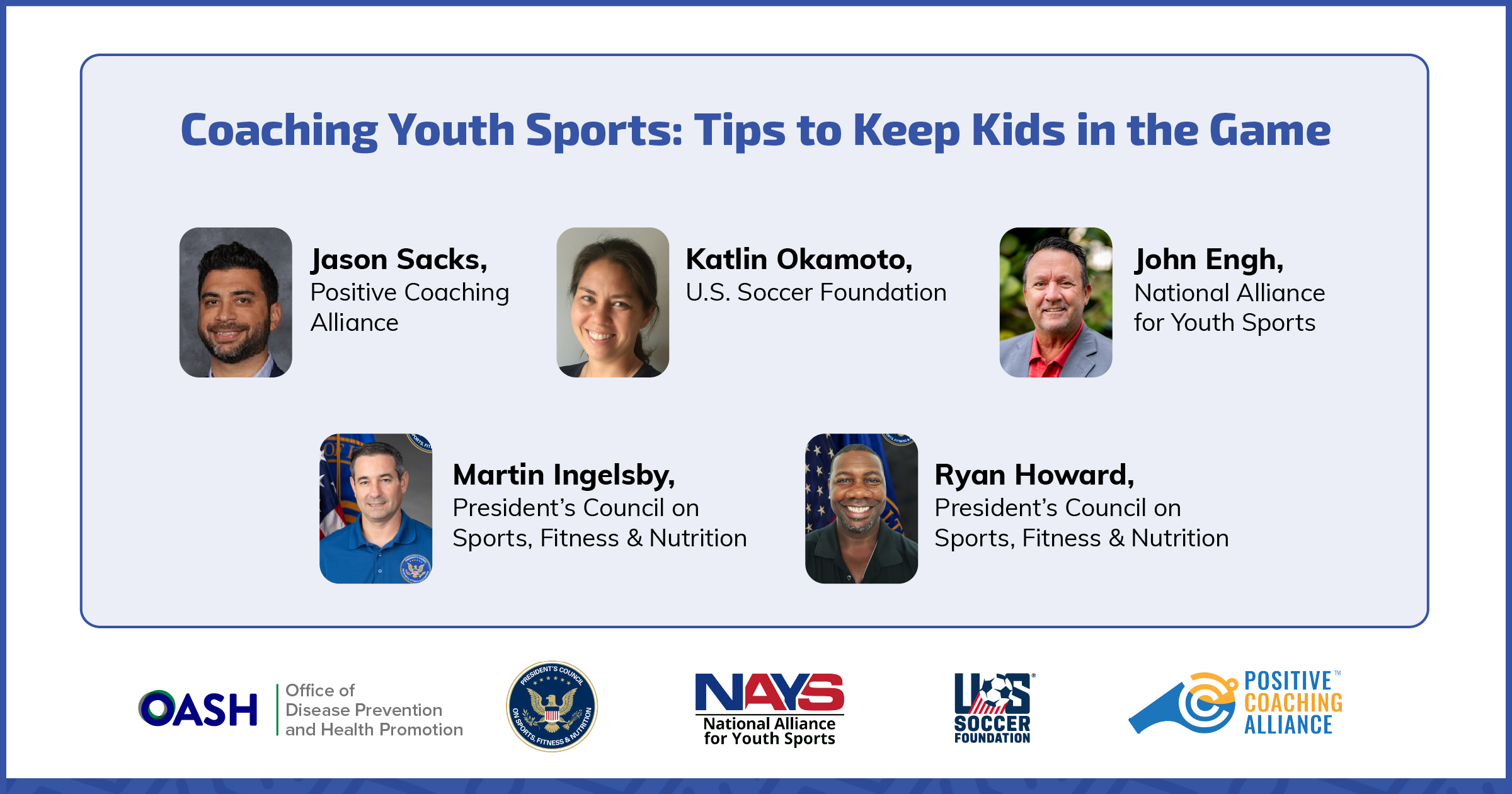 Title reads: Coaching Youth Sports: Tips to Keep Kids in the Game. Below the title are 5 headshots of the panelists. 