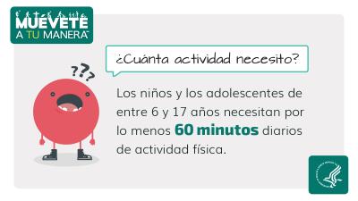 ¿Cuánta actividad necesito? Los niños y los adolescentes de entre 6 y 17 años necesitan por lo menos 60 minutos diarios de actividad física.