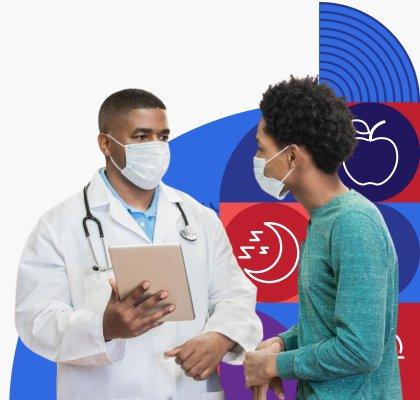 A doctor is wearing a face mask and holding a medical chart while talking with a masked patient. 