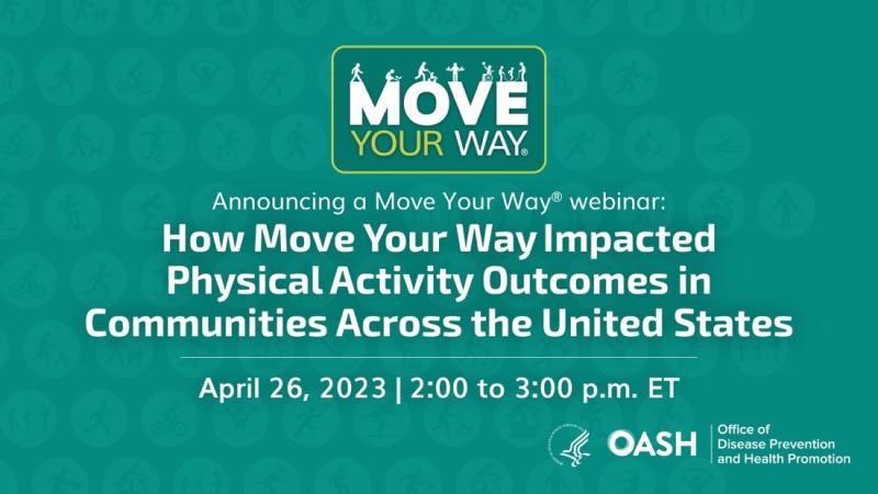 The graphic reads, "Announcing a Move Your Way webinar: How Move Your Way Impacted Physical Activity Outcomes in Communities Across the United States. April 26, 2023 2 to 3 p.m. ET."