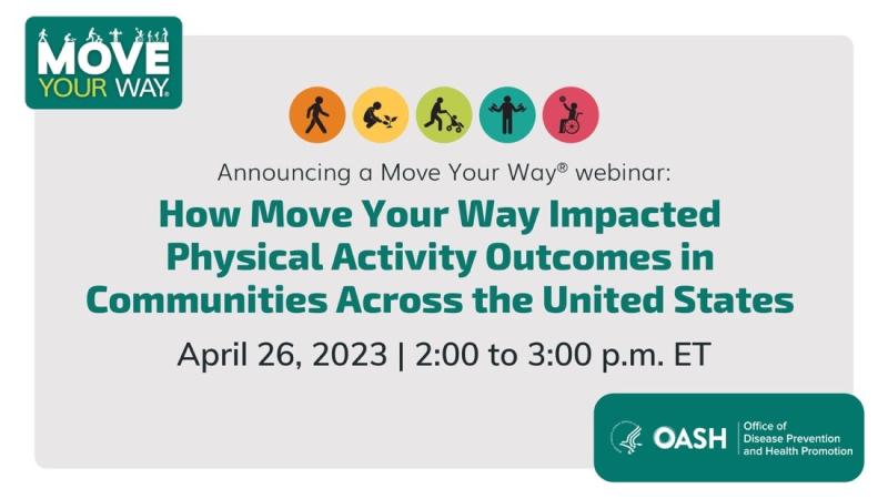 The graphic reads, "Announcing a Move Your Way webinar: How Move Your Way Impacted Physical Activity Outcomes in Communities Across the United States. April 26, 2023 2 to 3 p.m. ET.