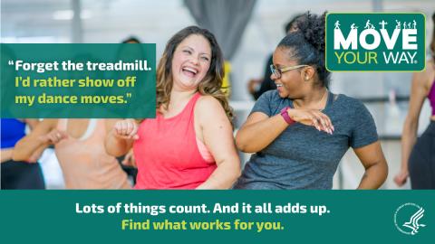 A group of women dancing happily together during a workout, and one of them says: "Forget the treadmill. I'd rather show off my dance moves." Lots of things count as exercise, and it all adds up. Find out what works for you.