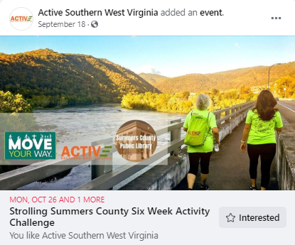 A Facebook post promoting Active Southern West Virginia’s “Strolling Summers County Six Week Activity Challenge”.