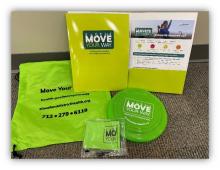 A Move Your Way Drawstring Bag, Folder, Factsheet, and Frisbee